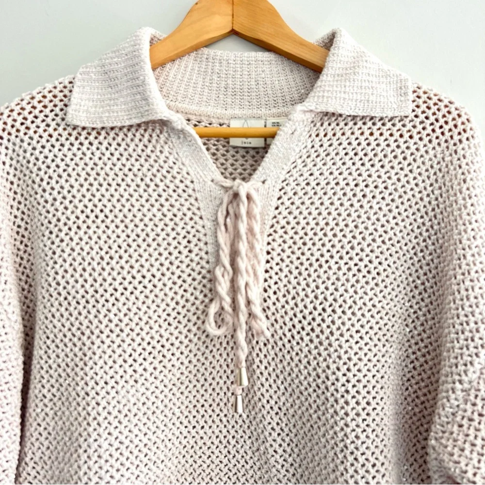 JOIE Cream Metallic Glitter Shimmer Sequins Open Knit Lace Up Sweater Sz XL
